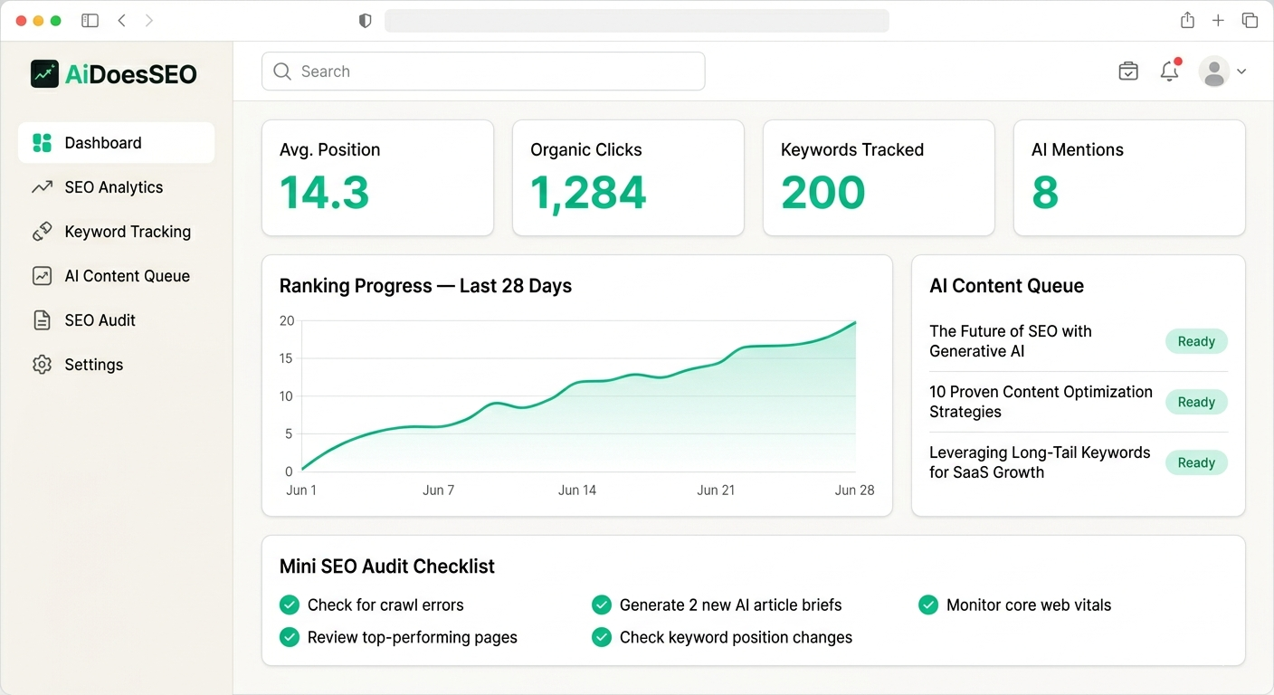 AiDoesSEO dashboard showing SEO metrics, organic clicks chart, content drafts and audit issues